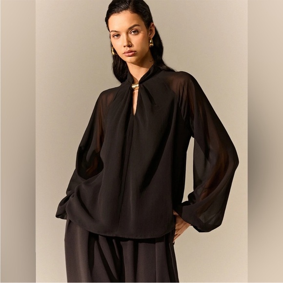 Commense Black Semi-Sheer Chiffon Blouse with Gold Neckline Large Ladies - Picture 2 of 9